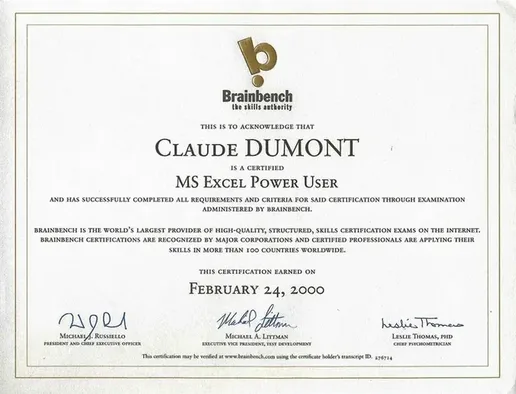 Brainbench Zertifikat: MS Excel Power User