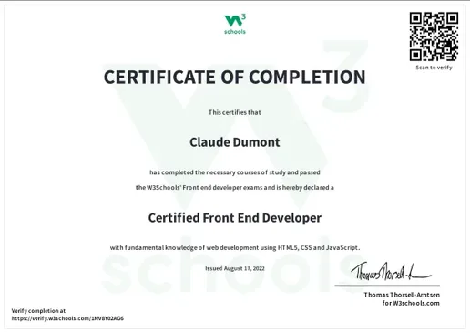 W3Schools Zertifikat: Certified Front End Developer