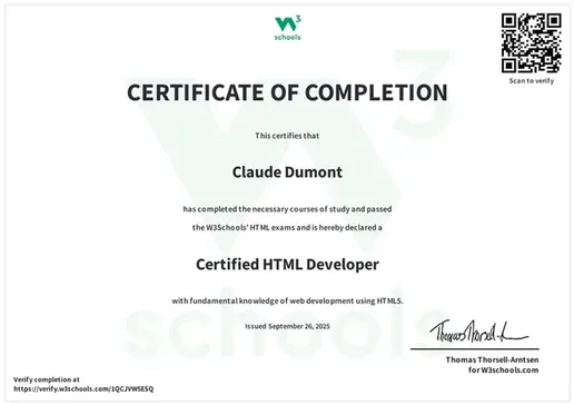 W3Schools Zertifikat: Certified HTML Developer