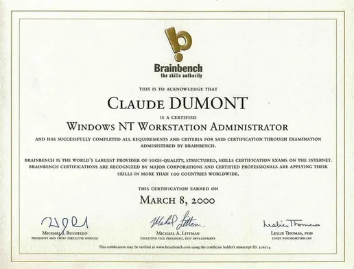 Brainbench Zertifikat: Windows NT Workstation Administrator