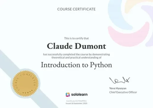 Sololearn Zertifikat: Introduction to Python