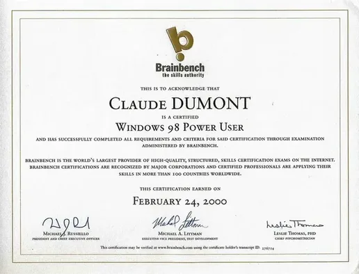Brainbench Zertifikat: Windows 98 Power User